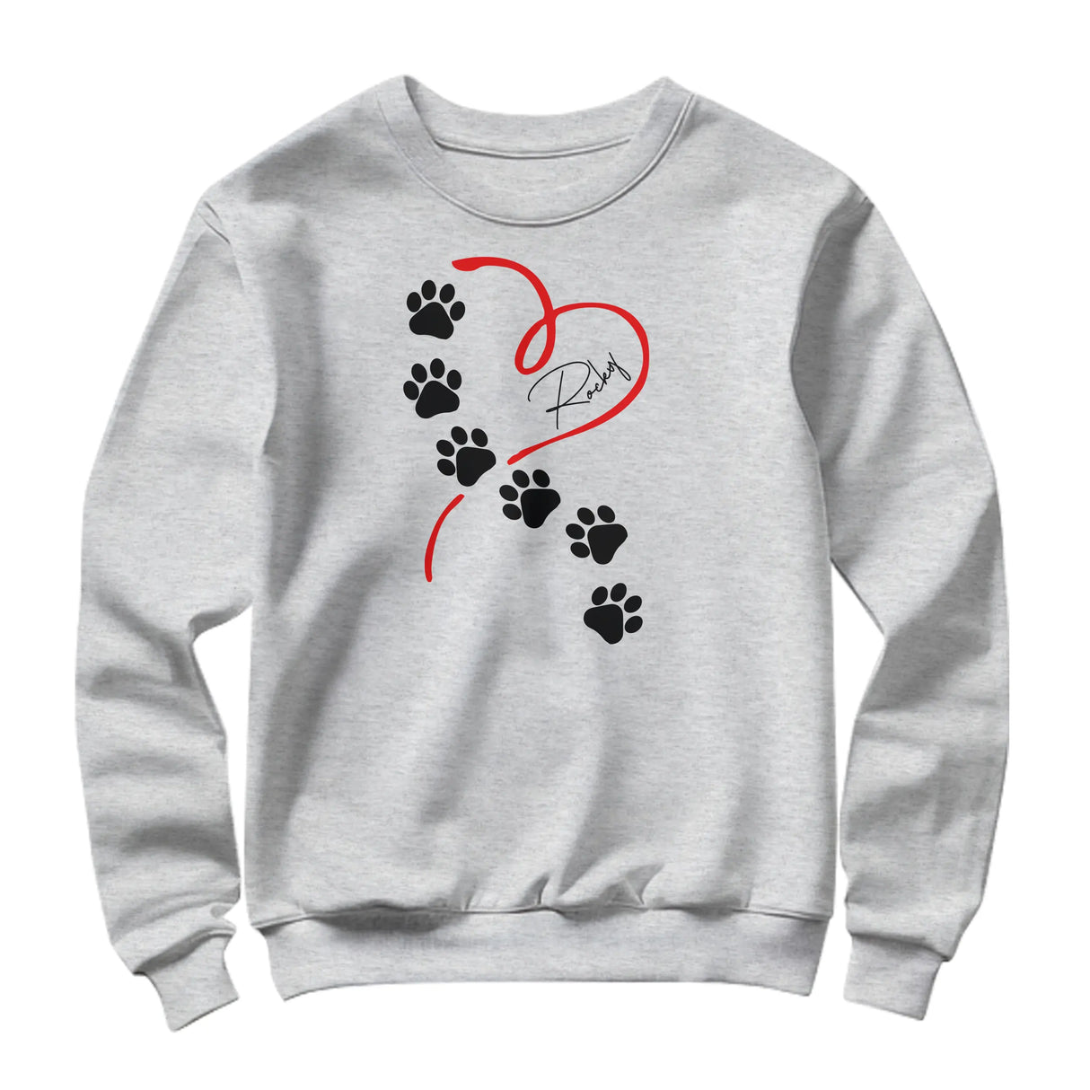 Sweat-shirt chien empreintes gris chiné avec dessin pattes blanches et silhouette cœur rouge