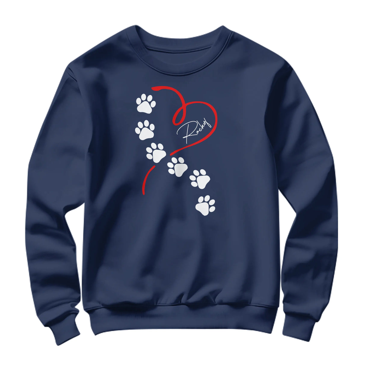 Sweat-shirt chien empreintes bleu marine avec design pattes blanches et cœur rouge stylisé