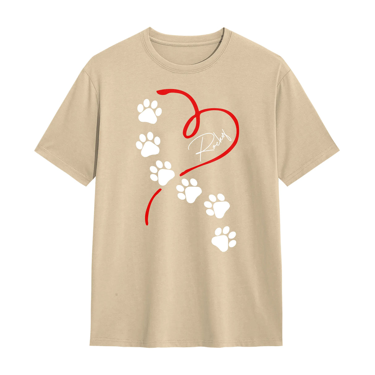 T-shirt chien empreintes beige naturel avec dessin pattes blanches et cœur rouge raffiné