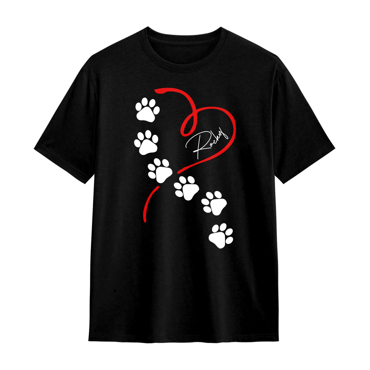 T-shirt chien empreintes noir avec design pattes blanches et silhouette cœur personnalisable