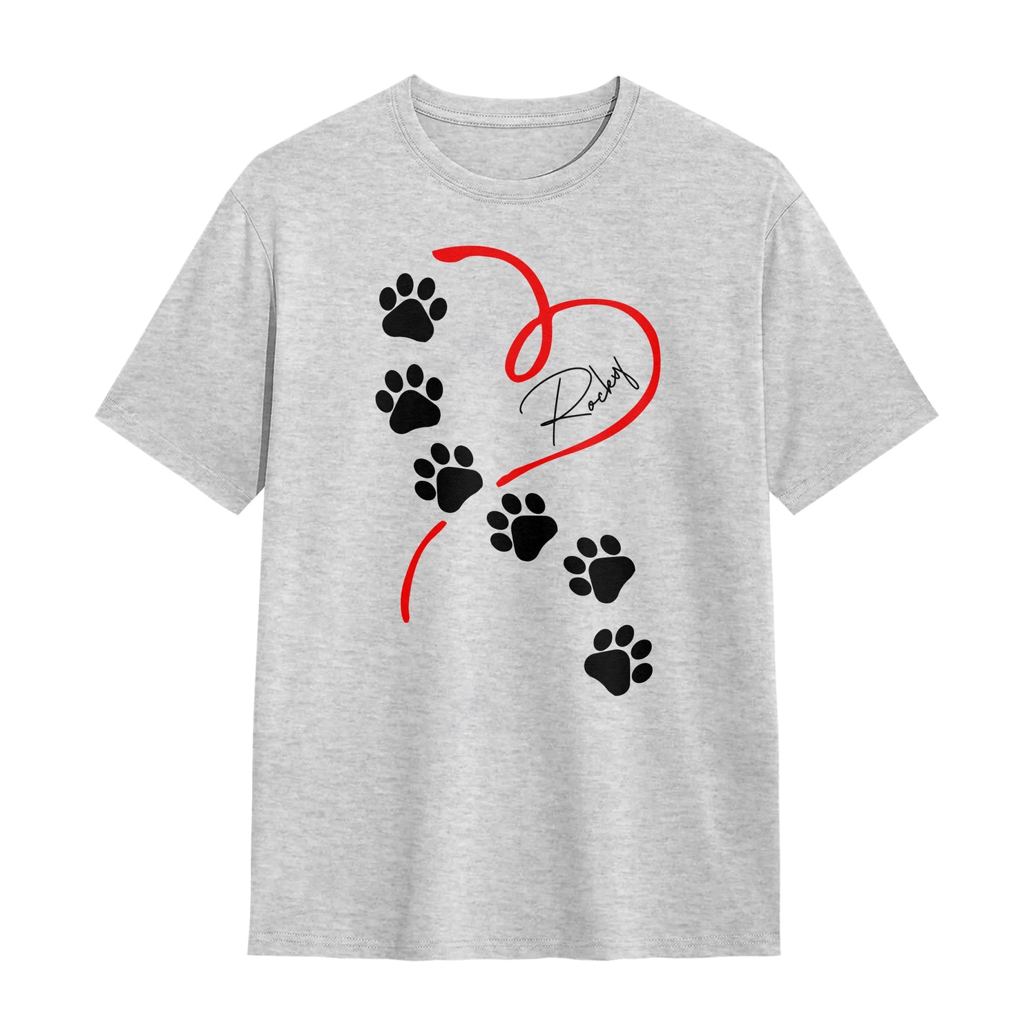 T-shirts, Sweats & Hoodies Personnalisés Chien – Design Cœur & Empreintes, 100% Coton, Prénom à Personnaliser 🐾❤️ - A28122404 - T-shirt gris