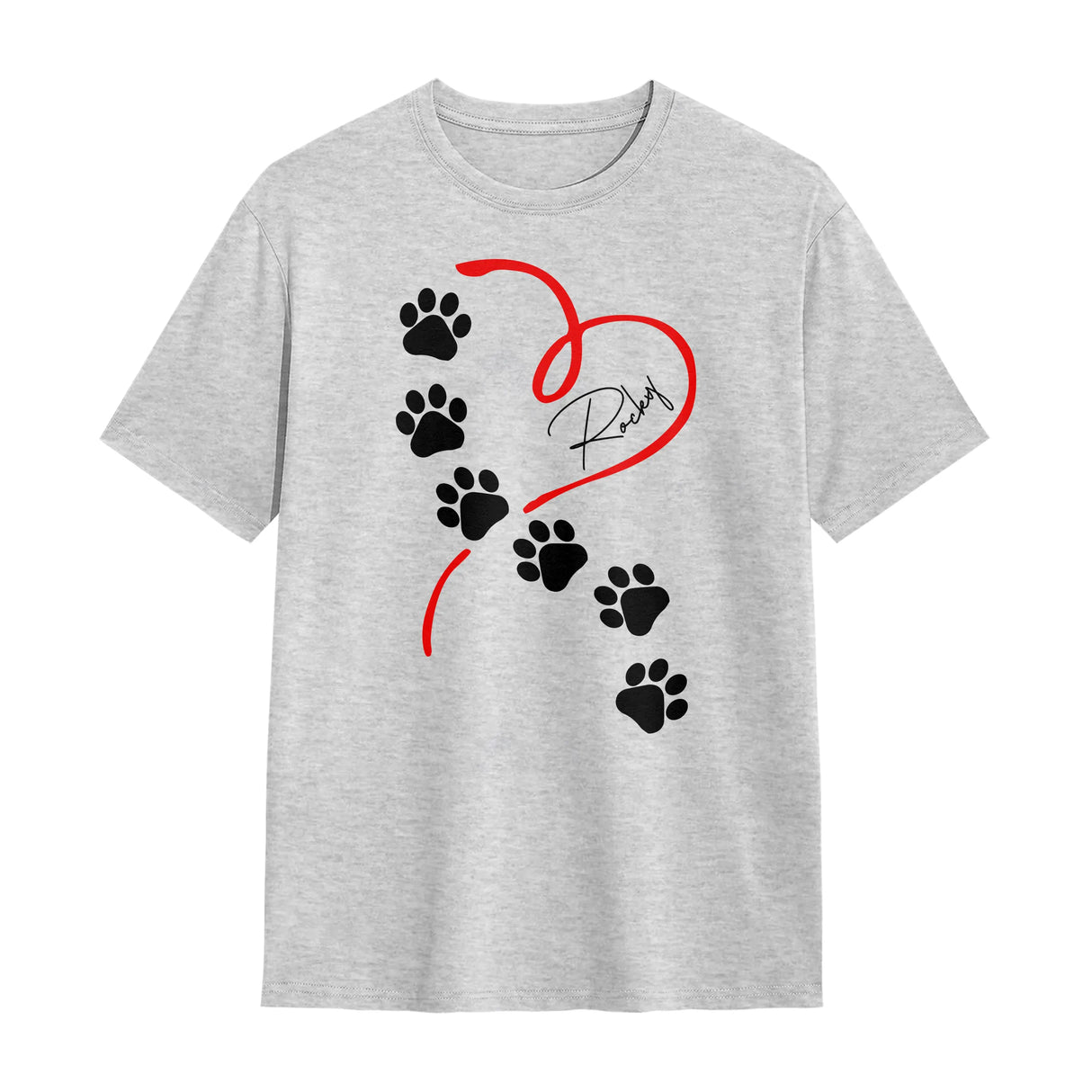T-shirt chien empreintes gris chiné avec dessin pattes blanches stylisées et cœur rouge brodé