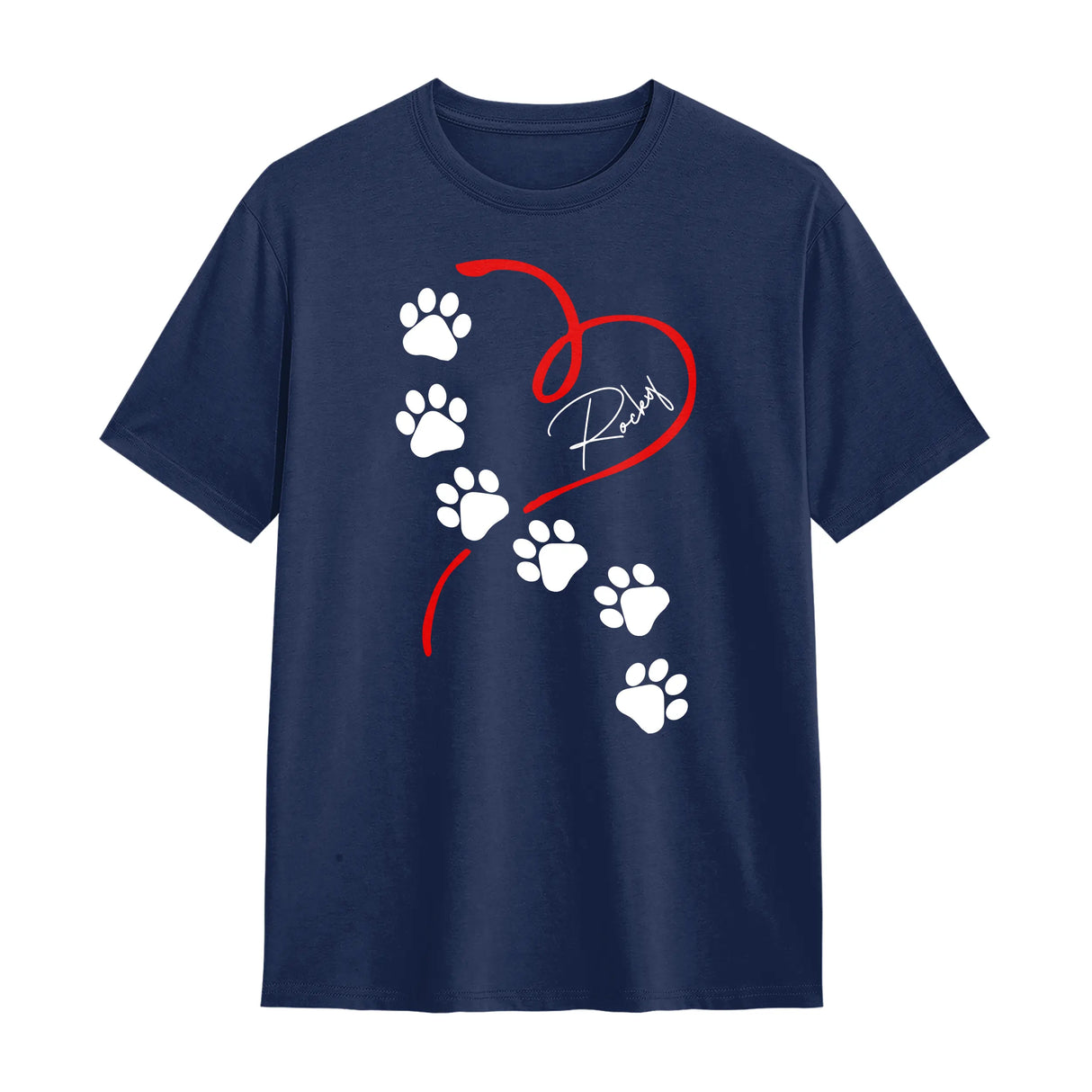 T-shirt chien empreintes bleu marine avec design pattes blanches montant vers cœur et prénom