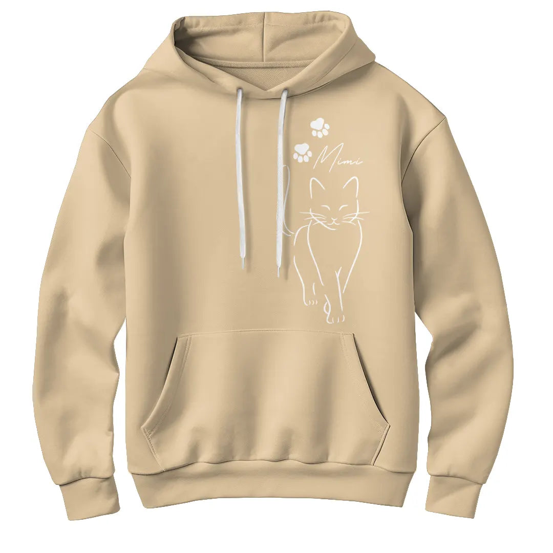 Sweat à capuche chat minimaliste beige naturel avec design chat ligne continue et prénom manuscrit