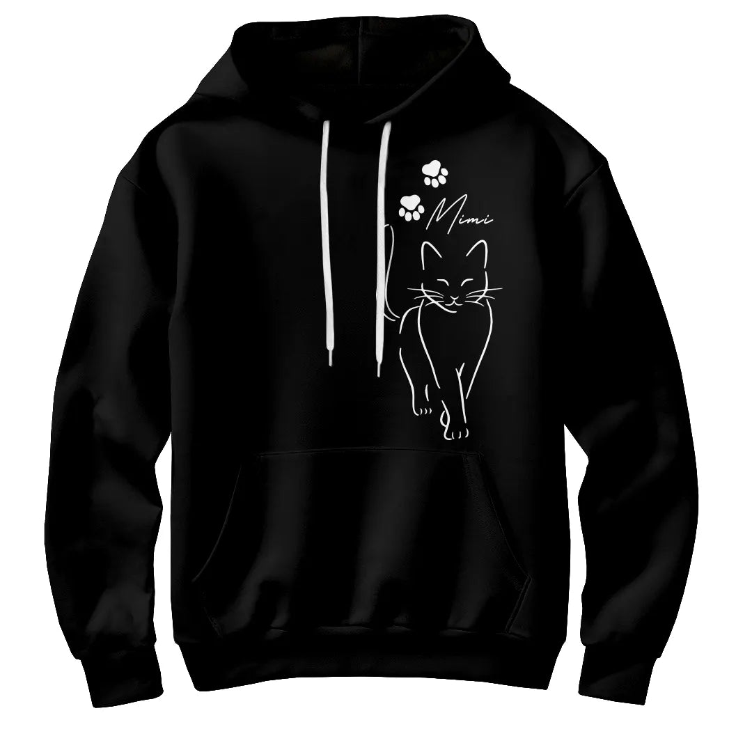 Sweat à capuche chat minimaliste noir avec silhouette féline élégante et étoile pattes brodée