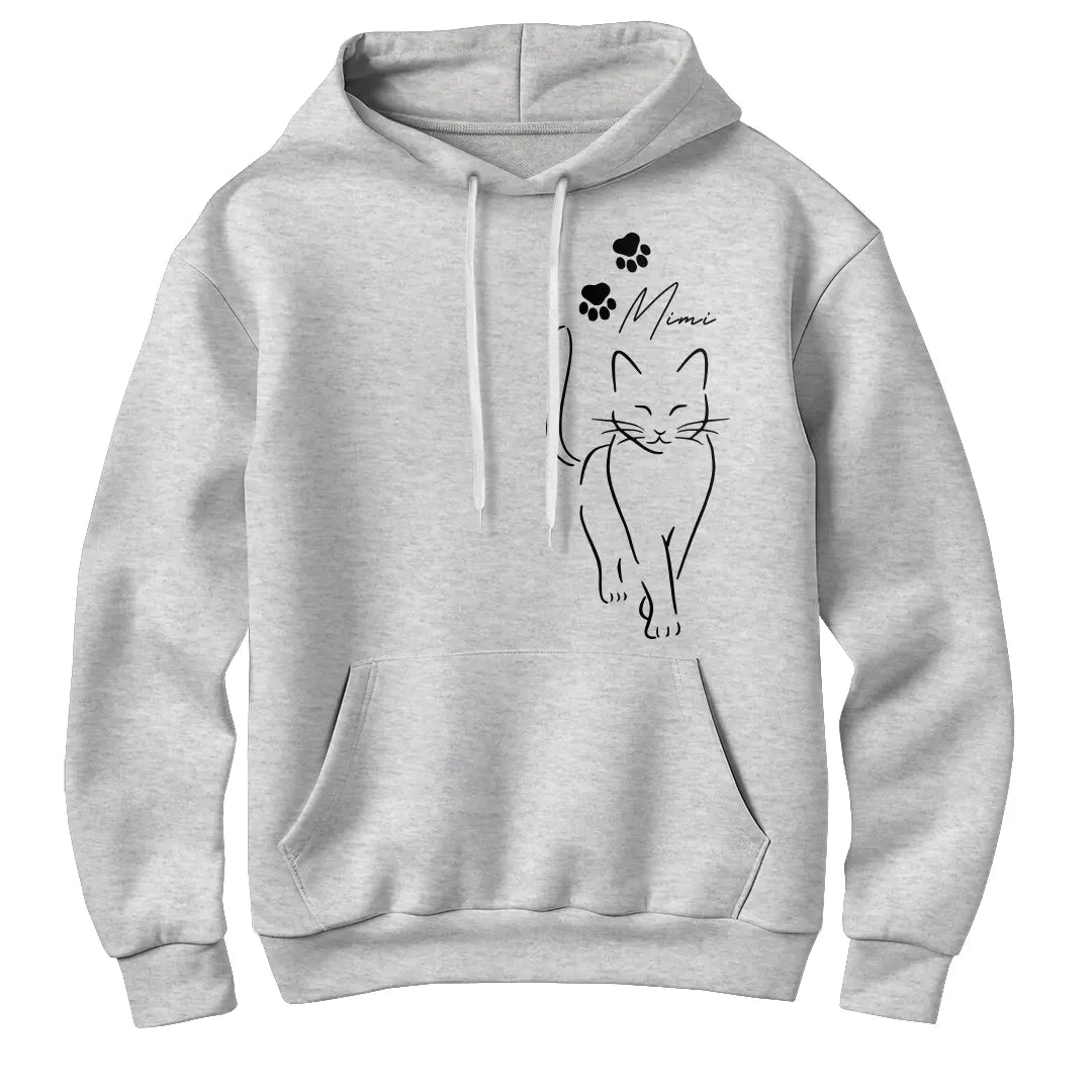Sweat à capuche chat minimaliste gris chiné avec design chat épuré ligne et personnalisation prénom