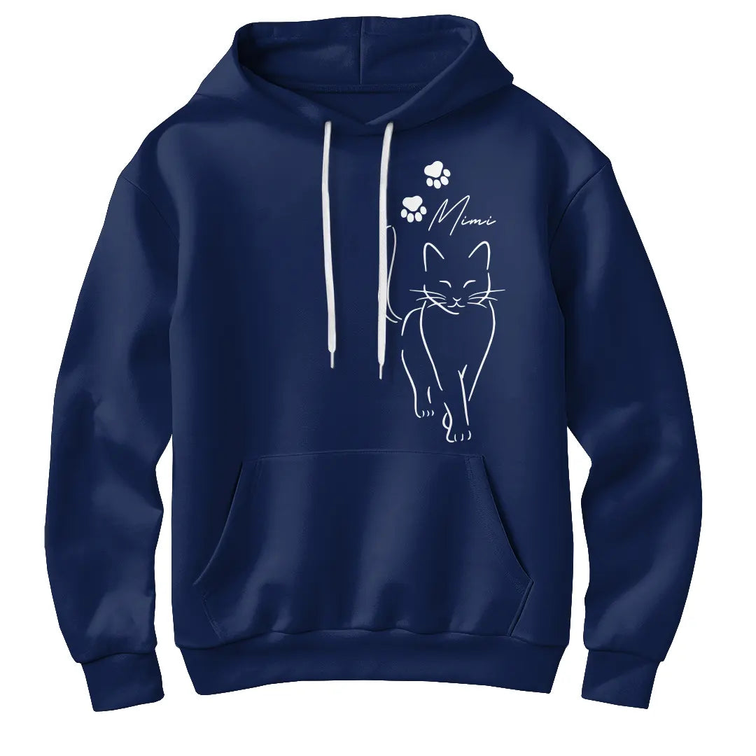 Sweat à capuche chat minimaliste bleu marine avec silhouette féline ligne continue et prénom Mimi
