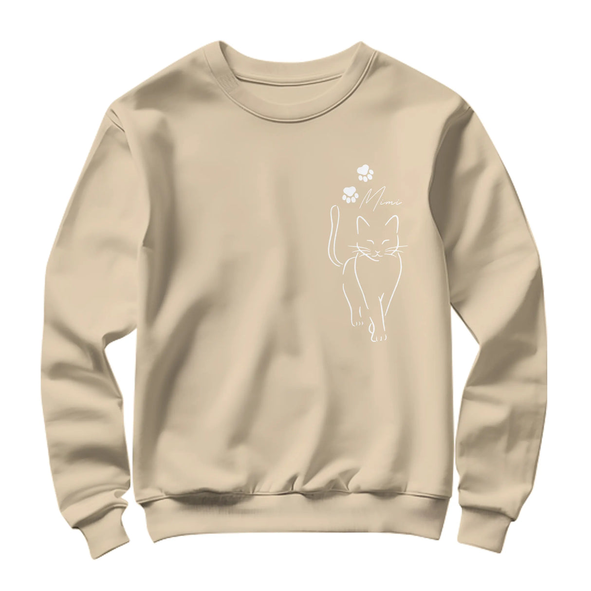 Sweat-shirt chat minimaliste beige naturel avec design chat ligne et personnalisation prénom Mimi