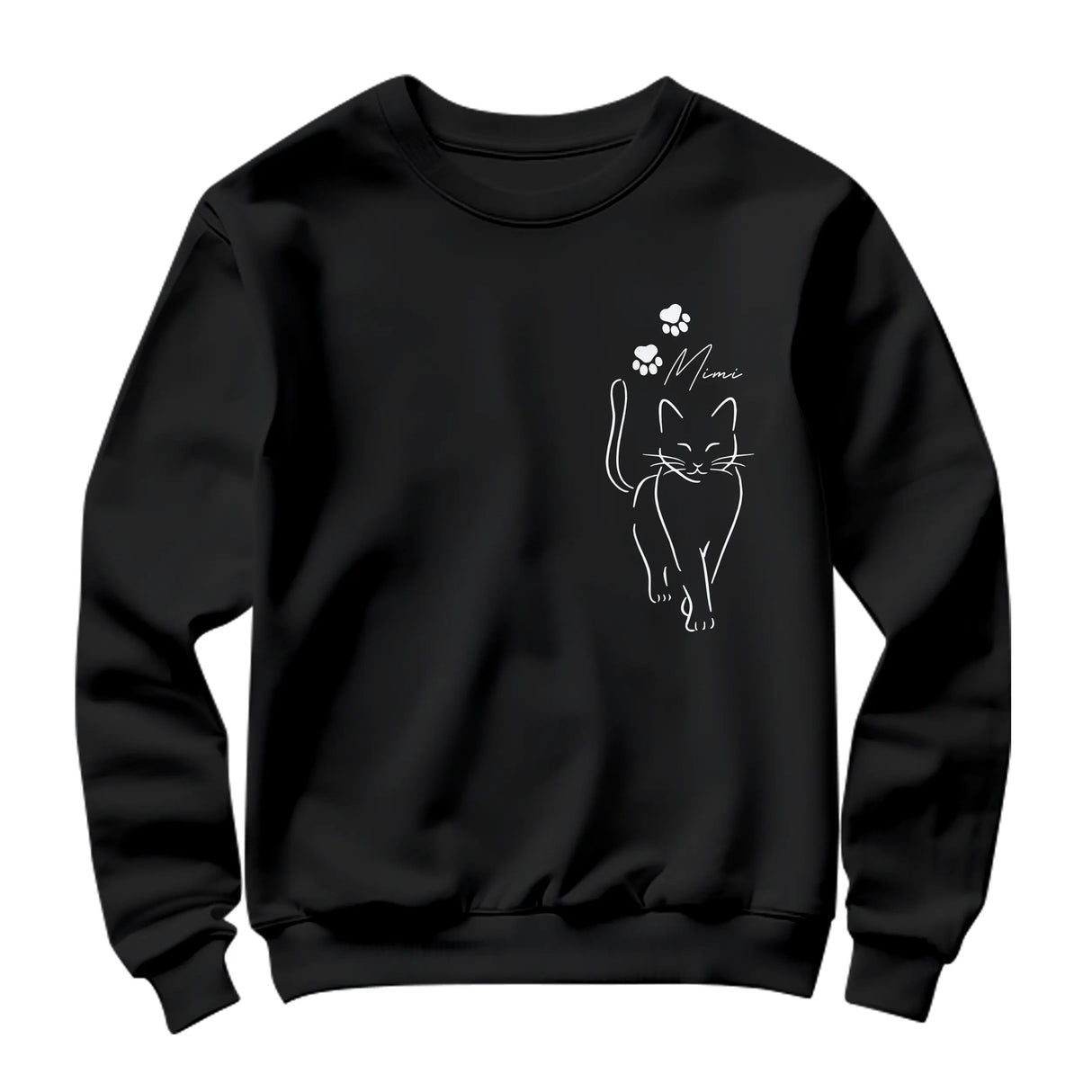 Sweat-shirt chat minimaliste noir avec silhouette féline ligne continue et prénom raffiné