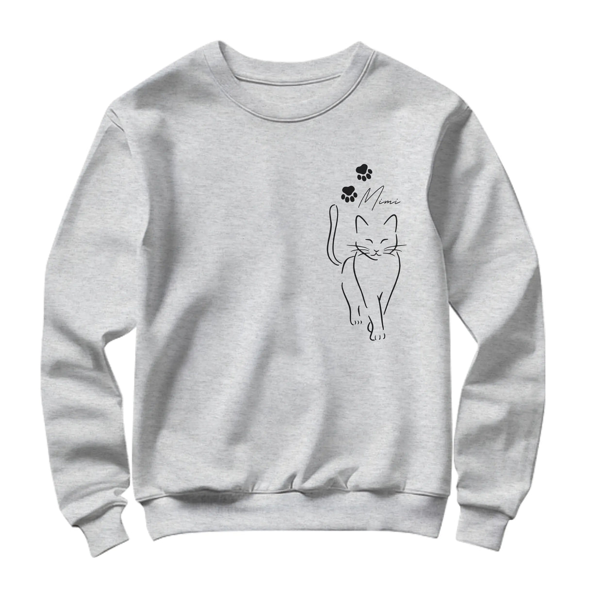 Sweat-shirt chat minimaliste gris chiné avec design chat épuré et étoile pattes brodée