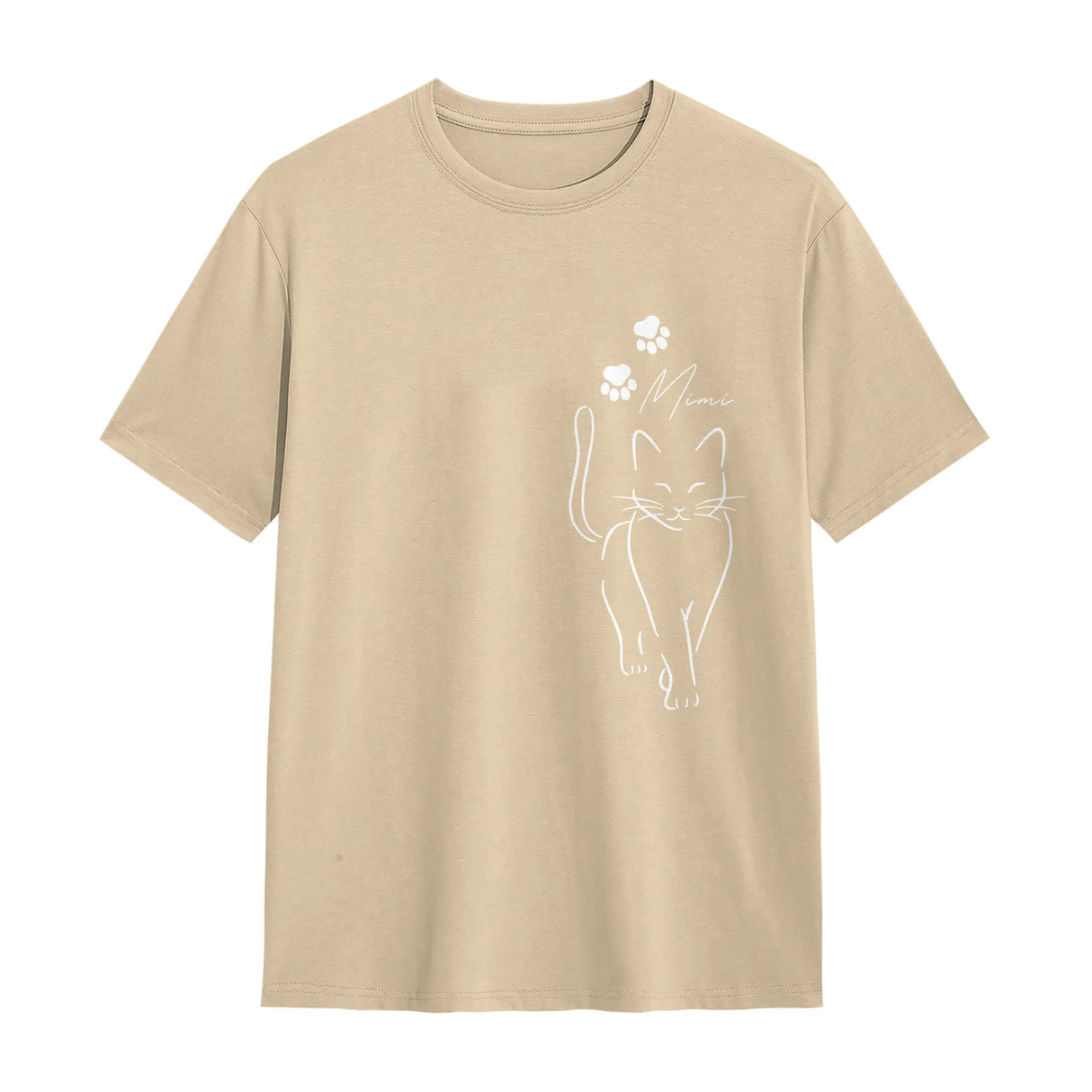 T-shirt chat minimaliste beige naturel avec design chat épuré ligne et prénom manuscrit