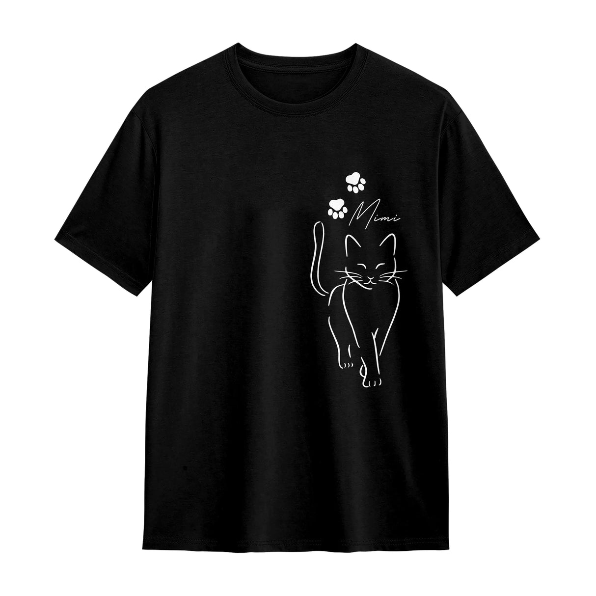 T-shirt chat minimaliste noir avec silhouette féline élégante et personnalisation prénom