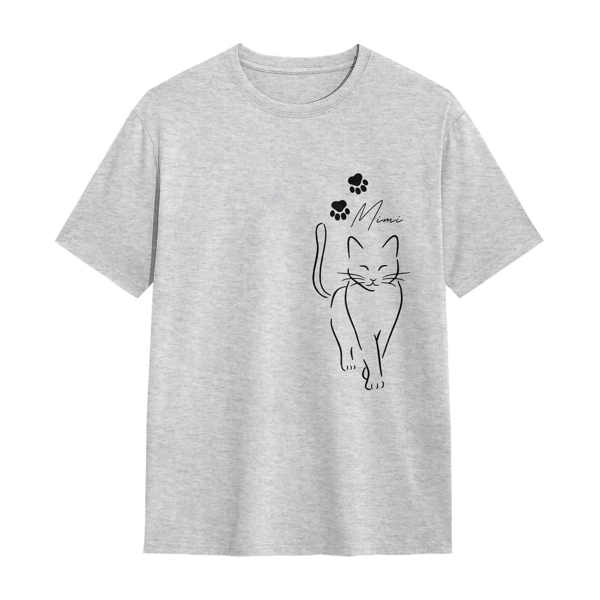 T-shirt chat minimaliste gris chiné avec design chat ligne continue et étoile pattes raffinée
