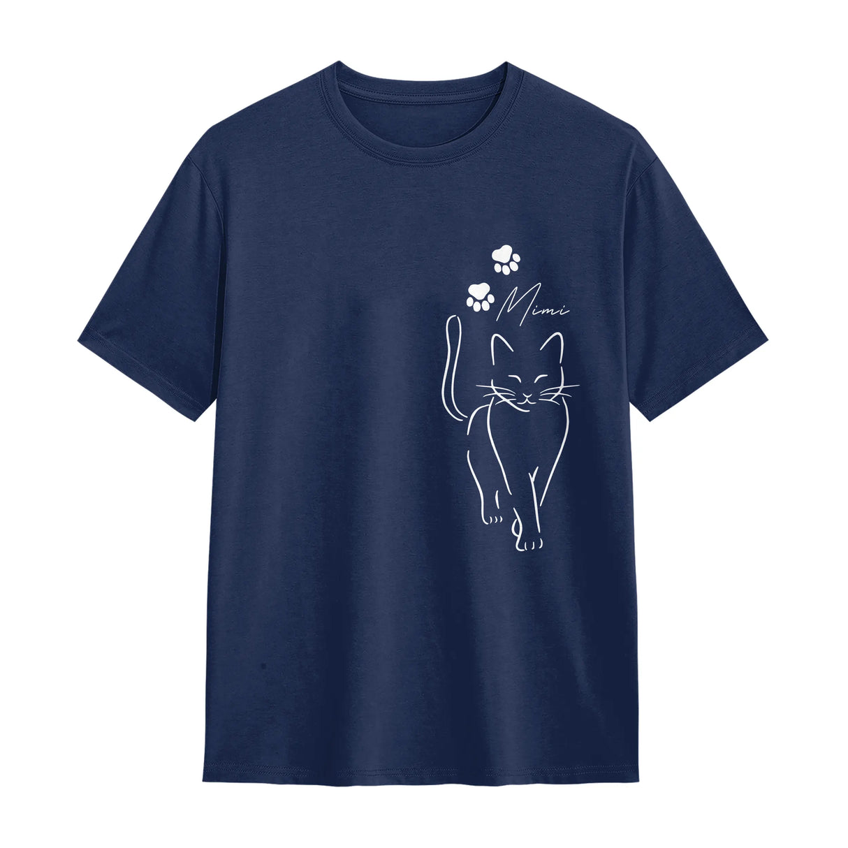 T-shirt chat minimaliste bleu marine avec silhouette féline épurée et prénom personnalisable
