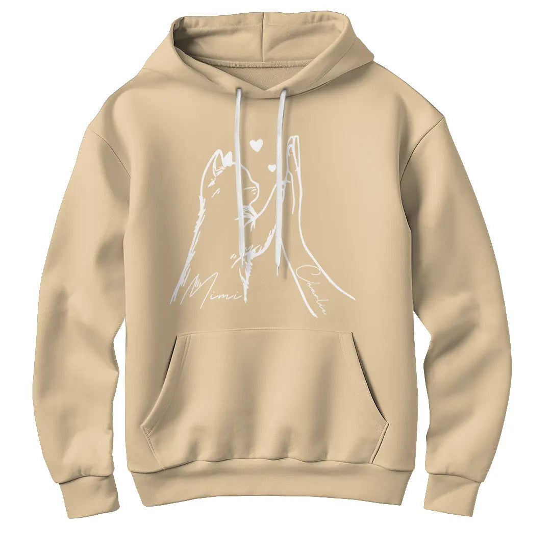 Sweat à capuche chat humain beige naturel avec design patte main et personnalisation prénoms
