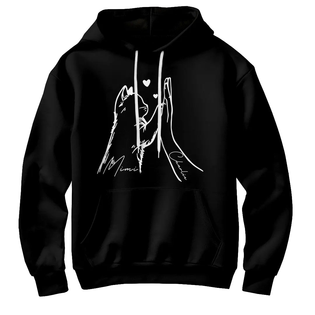 Sweat à capuche chat humain noir avec design ligne continue patte chat main et cœurs raffinés