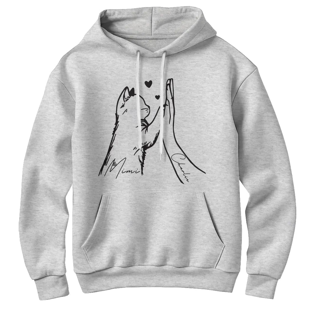 Sweat à capuche chat humain gris chiné avec dessin patte main complicité et prénoms