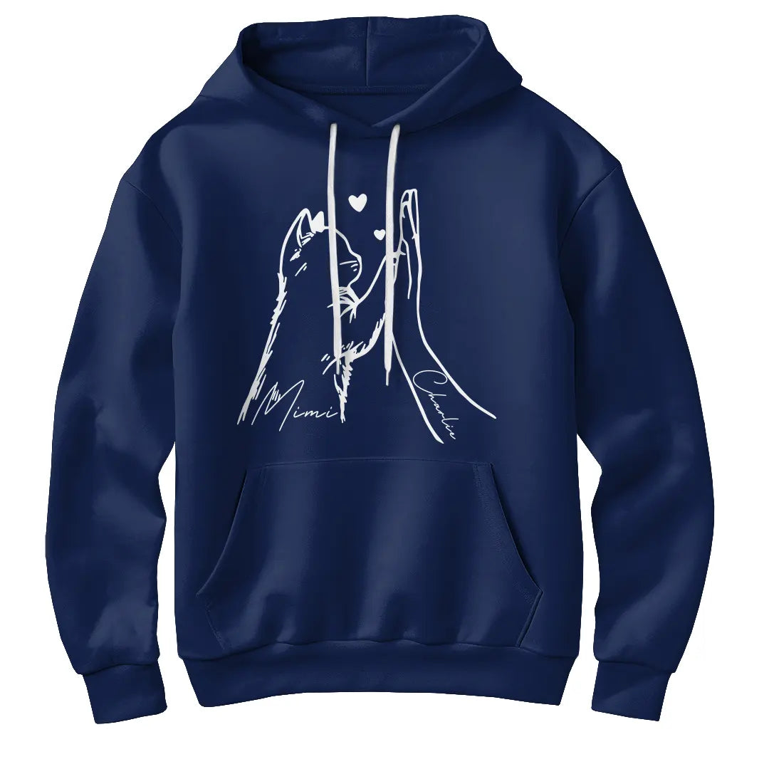 Sweat à capuche chat humain bleu marine avec design patte chat main jointe et cœurs