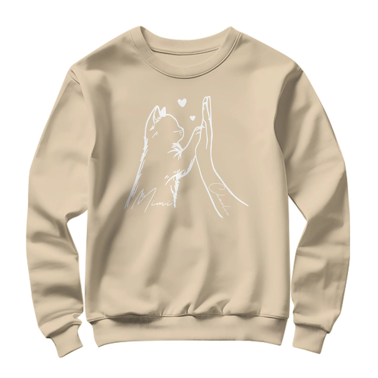 Sweat-shirt chat humain beige naturel avec design patte main et personnalisation prénoms félins