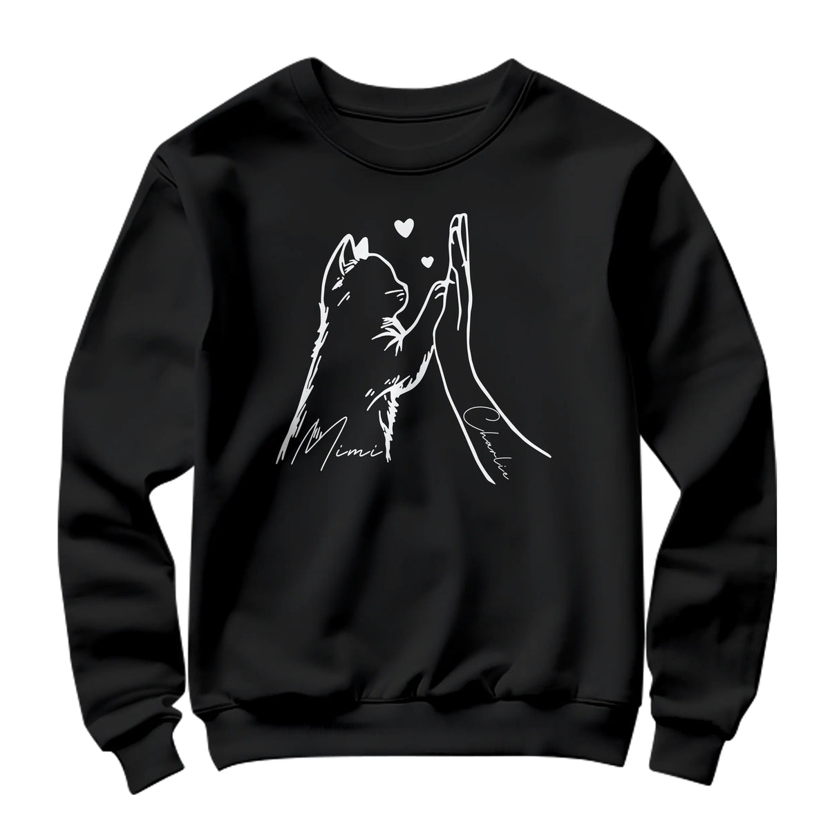Sweat-shirt chat humain noir avec design ligne continue patte chat main et cœurs raffinés