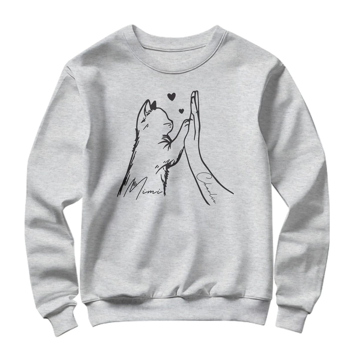 Sweat-shirt chat humain gris chiné avec dessin patte main complicité et prénoms manuscrits