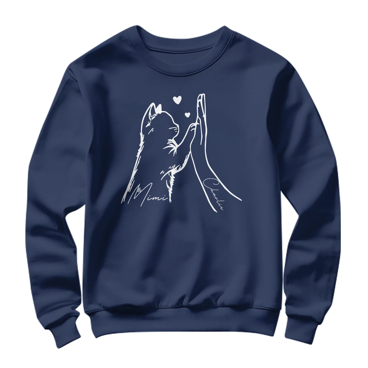 Sweat-shirt chat humain bleu marine avec design patte chat main et cœurs personnalisés