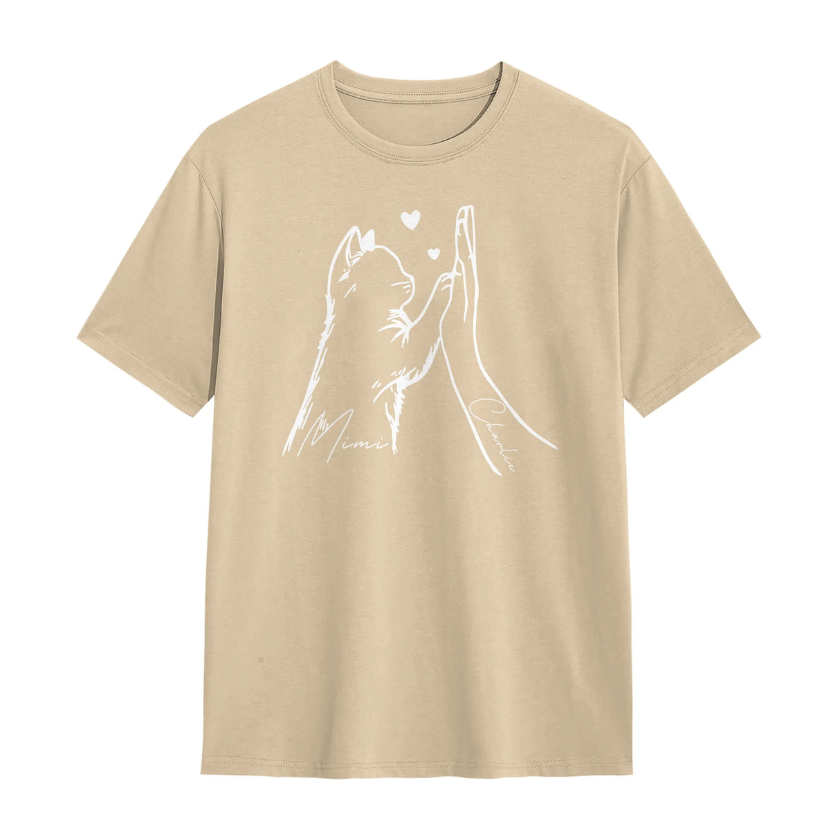 T-shirt chat humain beige naturel avec dessin patte main complicité et personnalisation prénoms