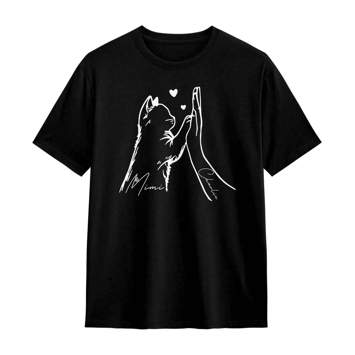 T-shirt chat humain noir avec dessin patte chat main jointe et cœurs raffinés prénoms