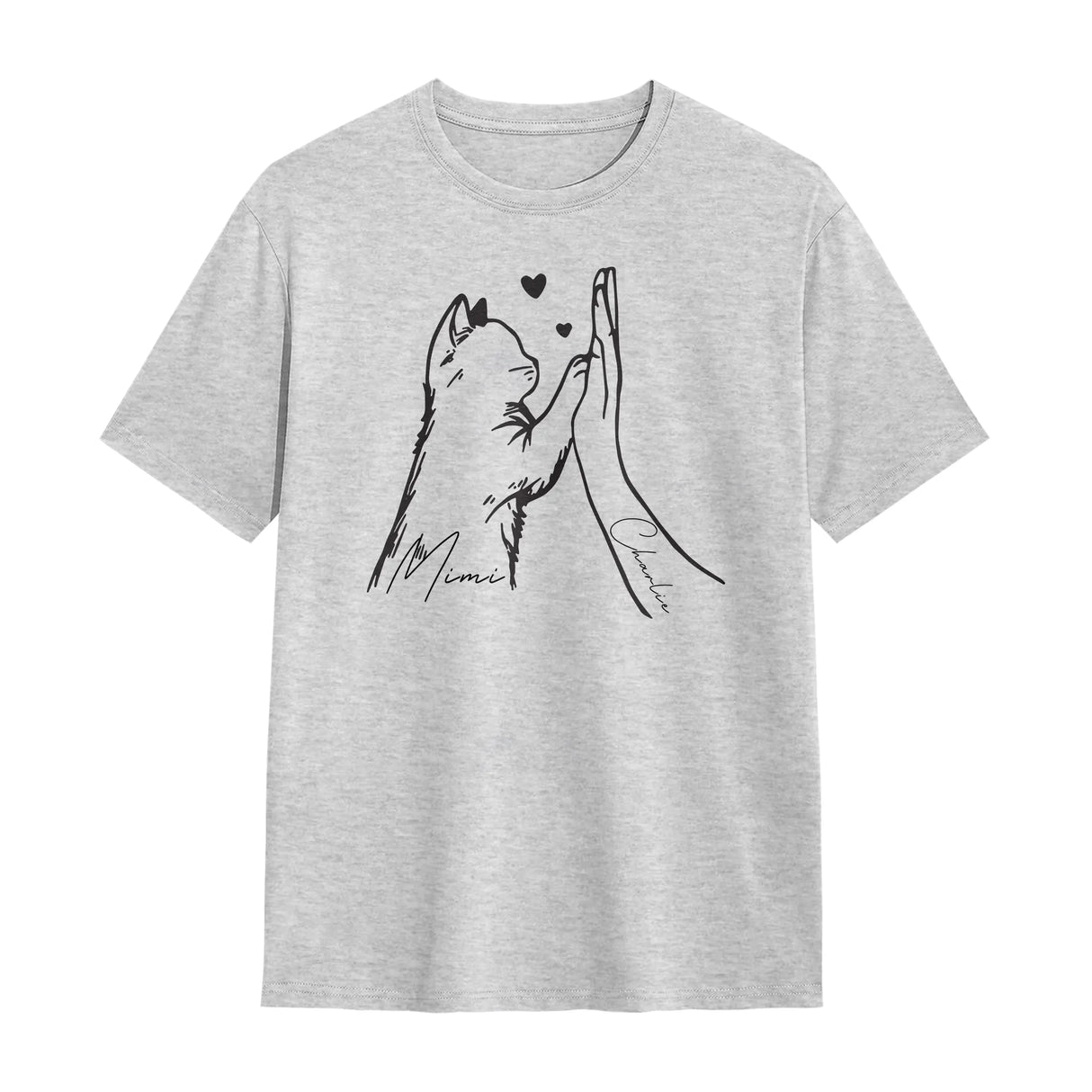T-shirt chat humain gris chiné avec design ligne continue chat main et cœurs personnalisable