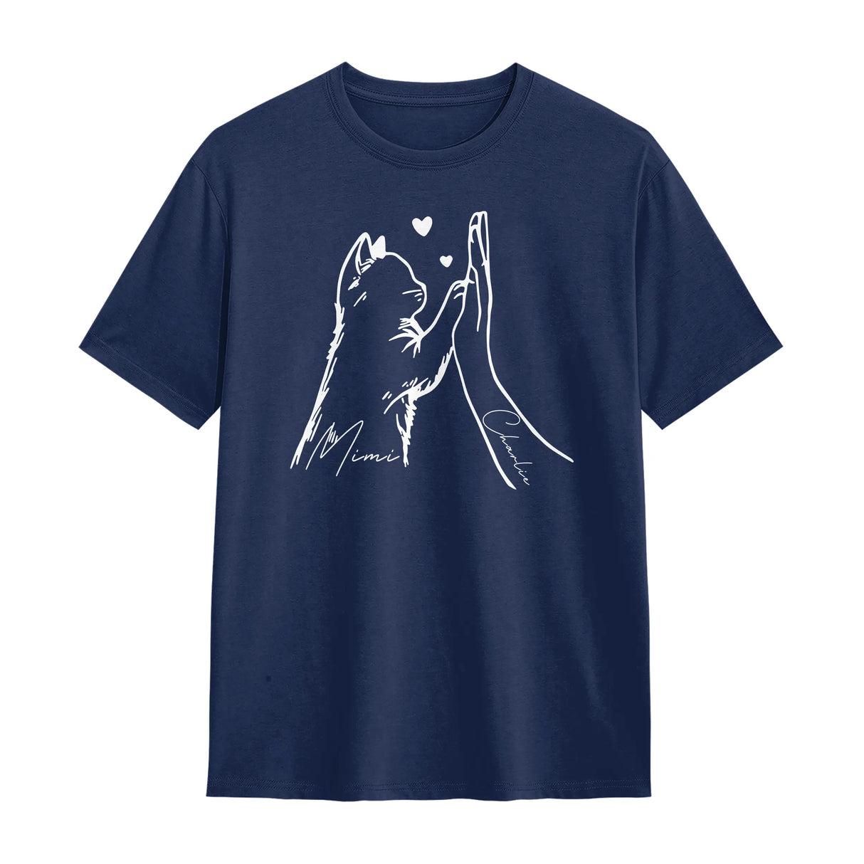 T-shirt chat humain bleu marine avec design patte chat main jointe cœurs et prénoms Mimi Charlie