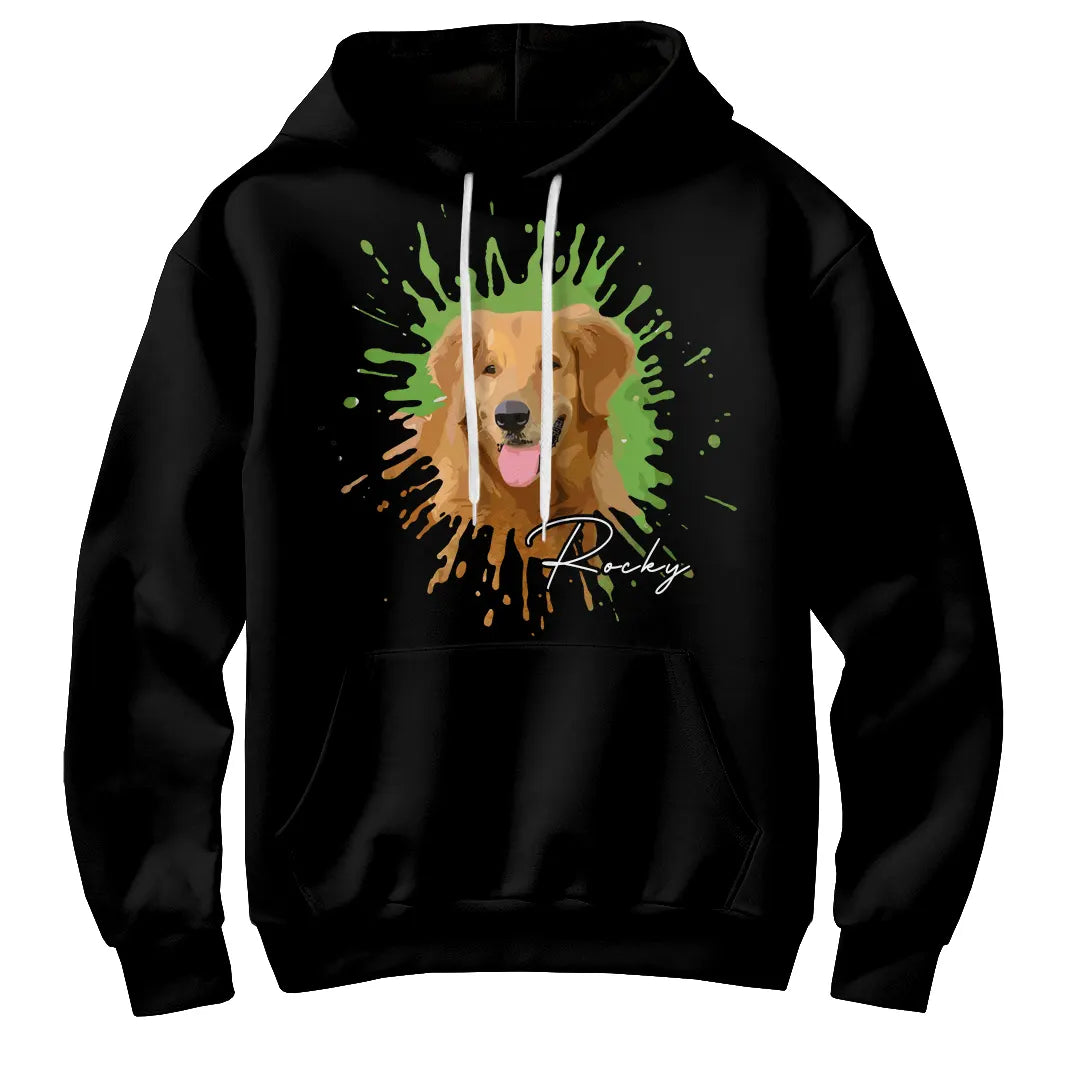 Sweat à capuche portrait animal beige naturel avec photo chien splash artistique vert orange