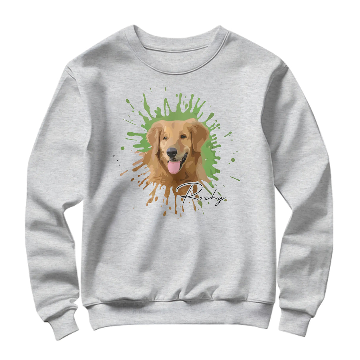 Sweat-shirt portrait animal noir avec photo compagnon splash multicolore et prénom raffiné