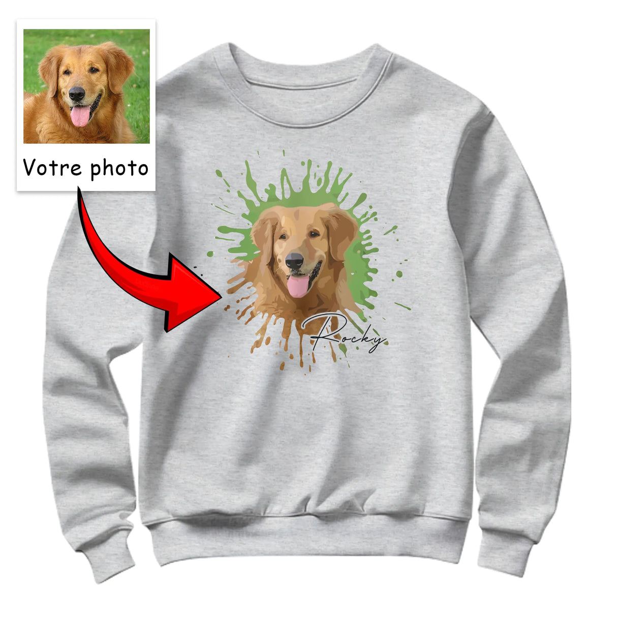 Sweat-shirt portrait animal gris chiné avec photo chien golden retriever splash peinture verte