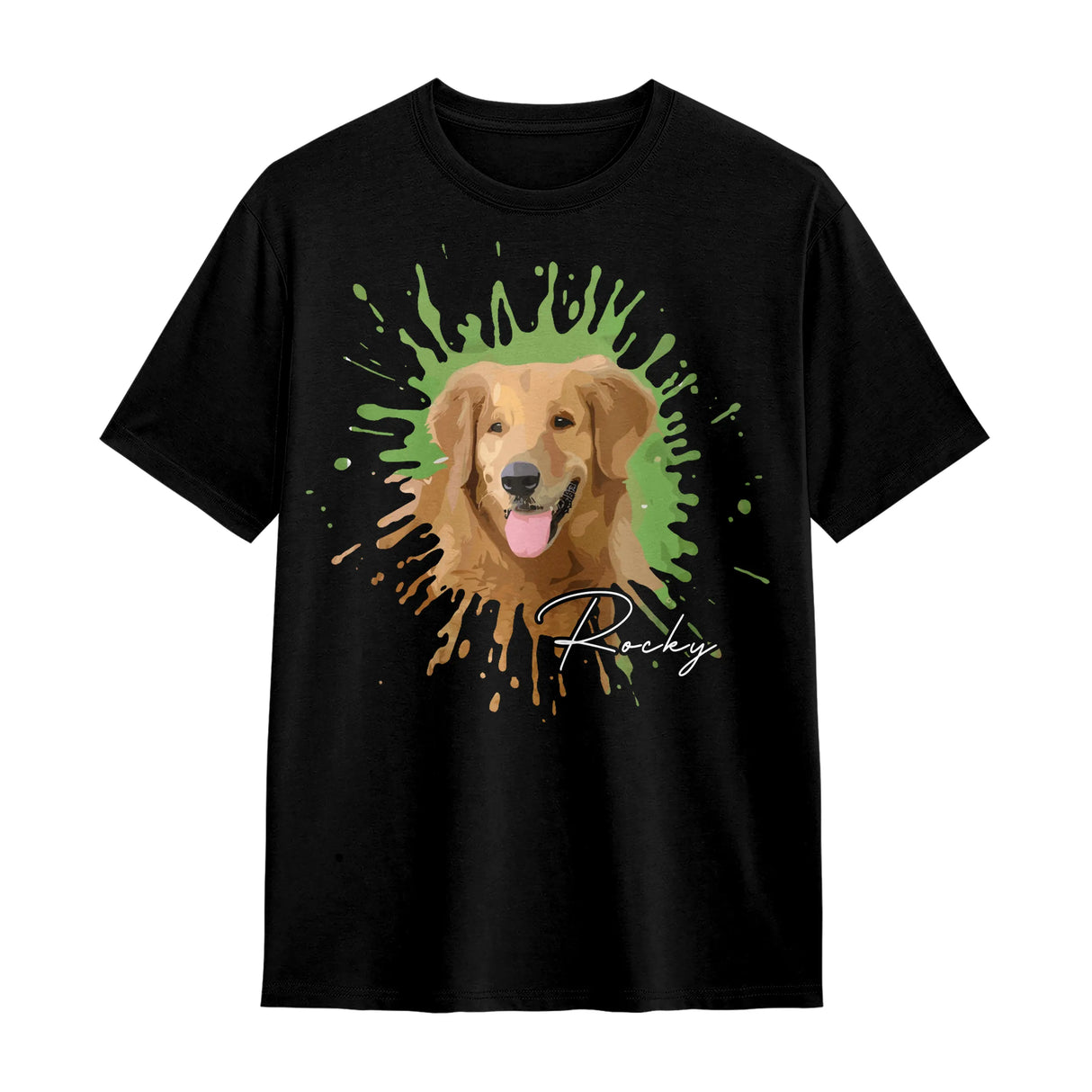T-shirt portrait animal noir avec photo chien encadrée splash peinture verte orange