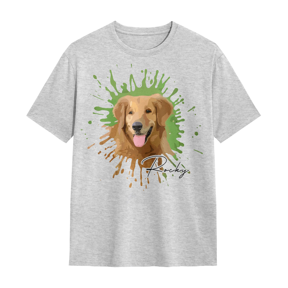T-shirt portrait animal gris chiné avec photo compagnon splash coloré et personnalisation prénom