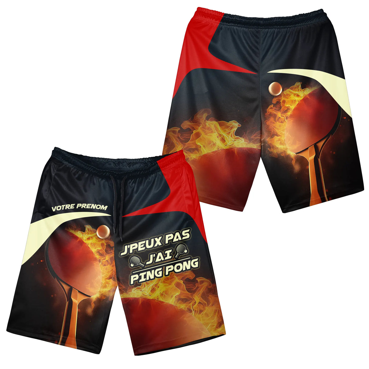 Short all-over ping pong noir et rouge avec impression raquette en feu et logo pongiste