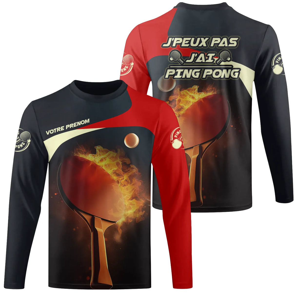 T-shirt ping pong manches longues unisexe noir et rouge avec raquette enflammée et balles