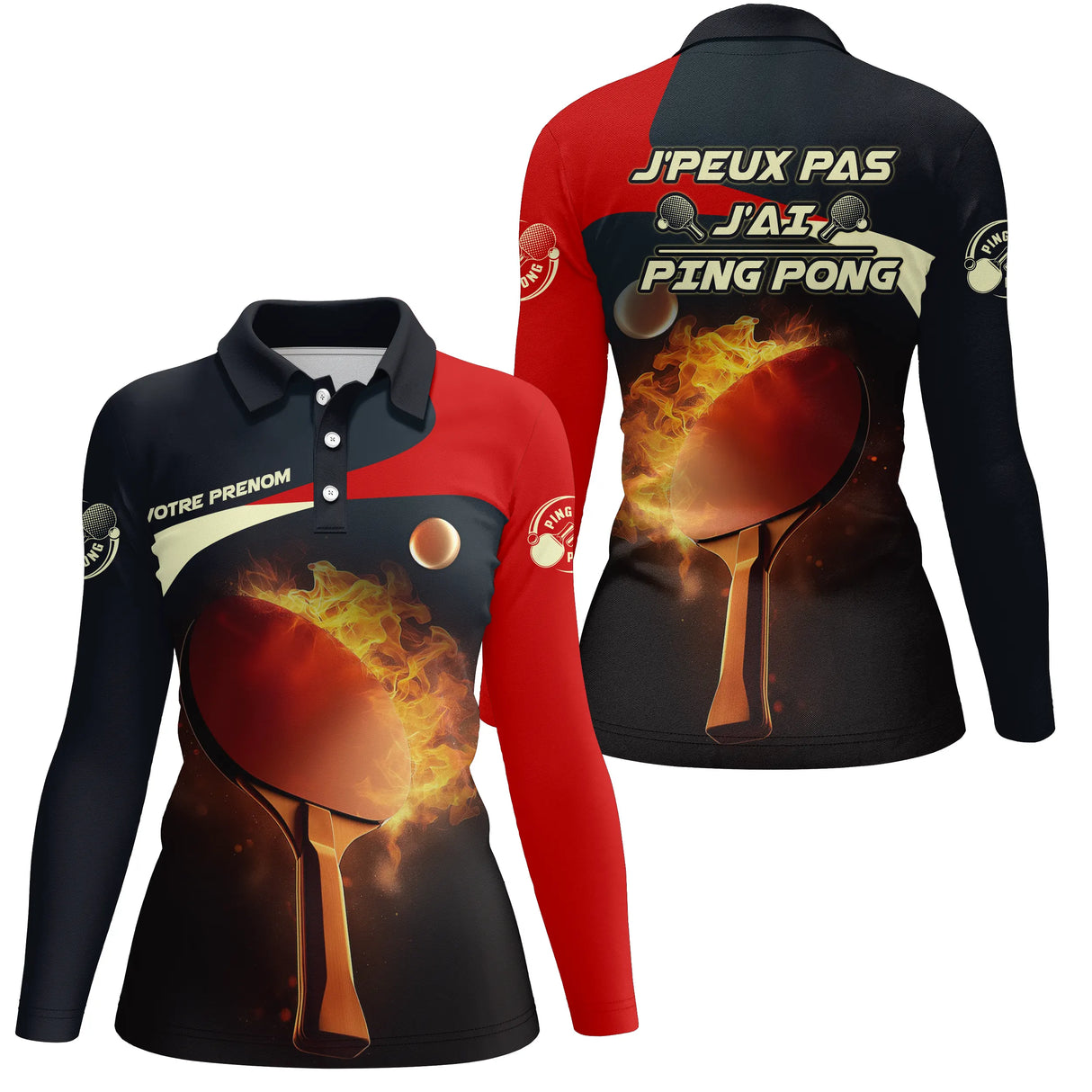 Polo ping pong manches longues homme noir et rouge avec raquette en feu et balles en mouvement