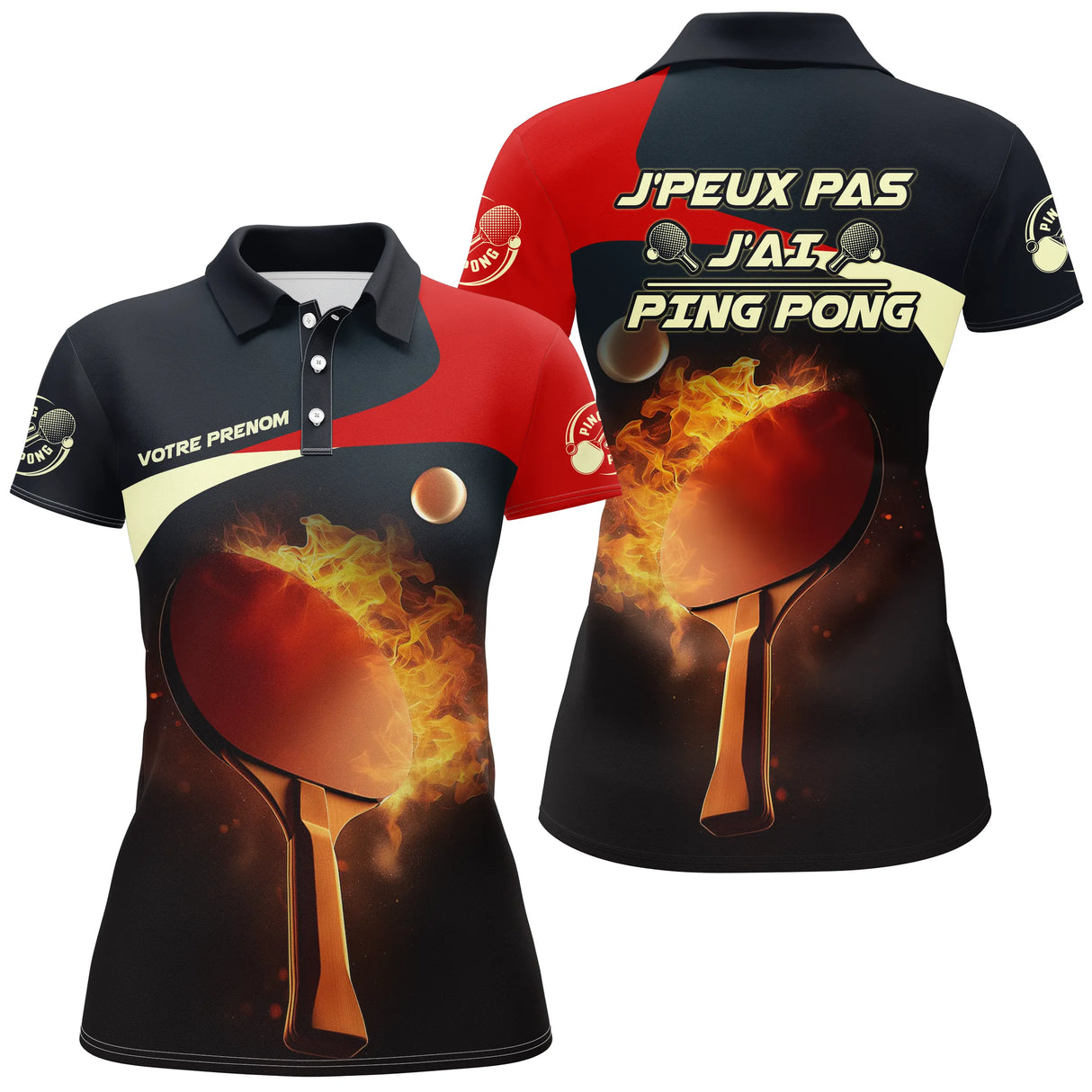 Polo ping pong personnalisé femme en coupe ajustée noir et rouge avec raquette enflammée