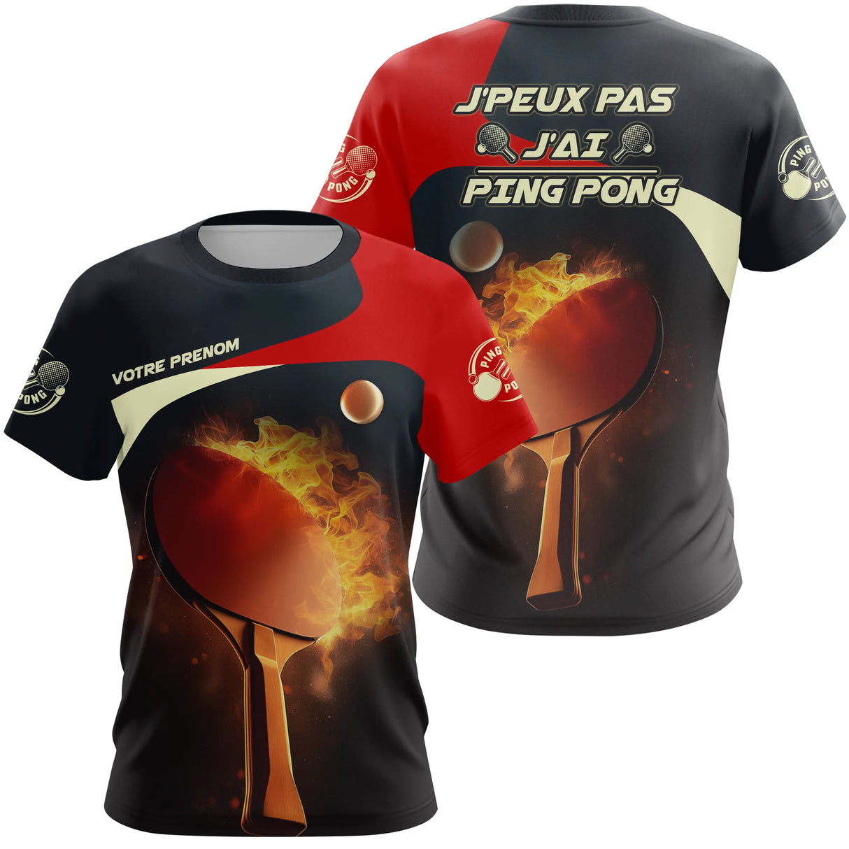 T-shirt ping pong personnalisé noir et rouge avec raquette enflammée et slogan « J'peux pas j'ai ping pong »