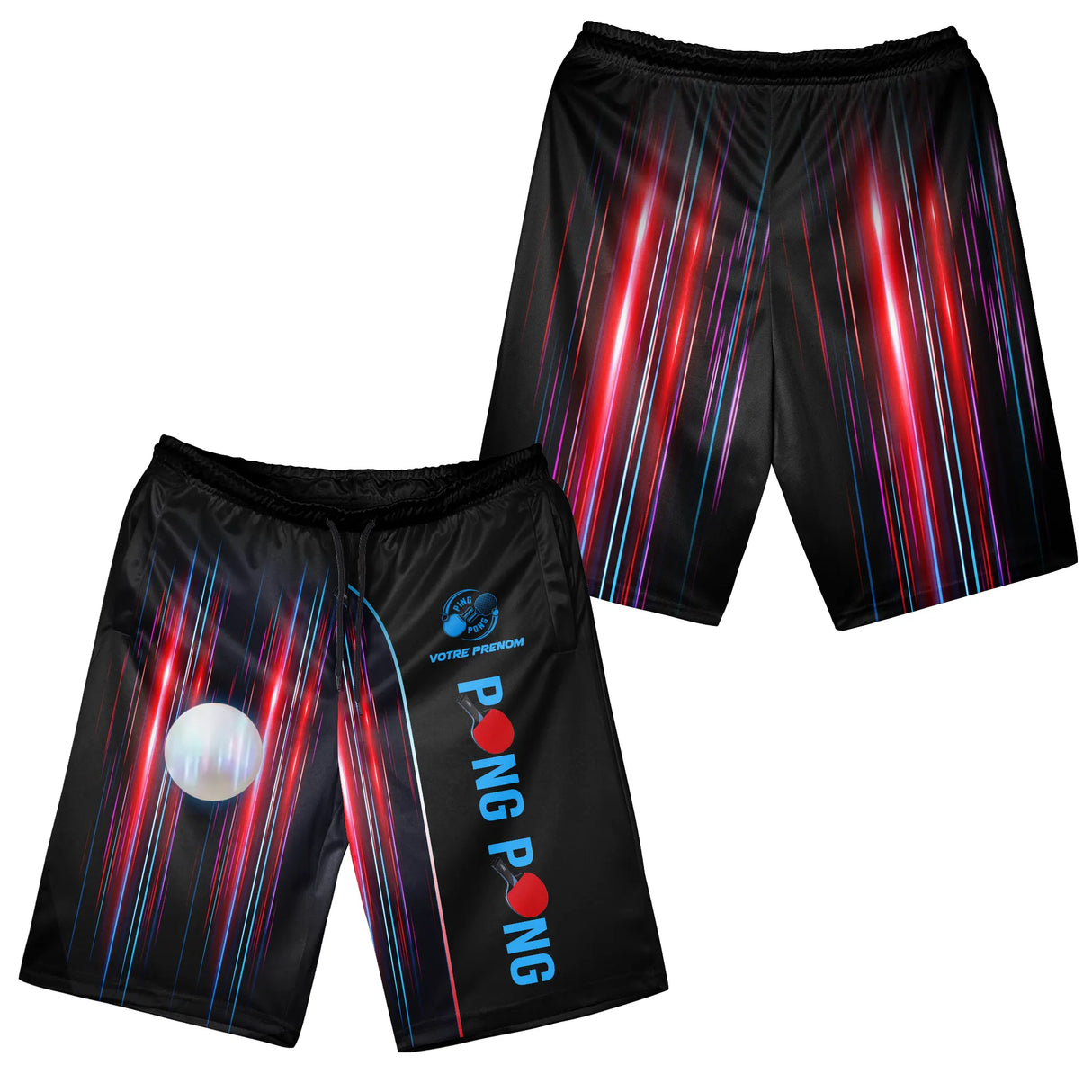 Short all-over tennis de table noir avec rayons verticaux et impression PONG PONG dynamique
