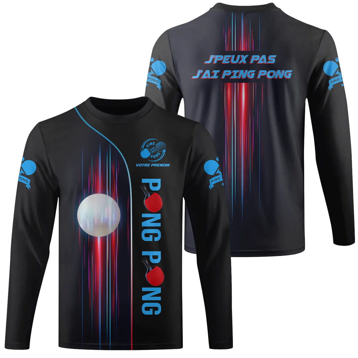 T-shirt tennis de table homme col rond noir avec rayons rouges bleus et slogan ping pong