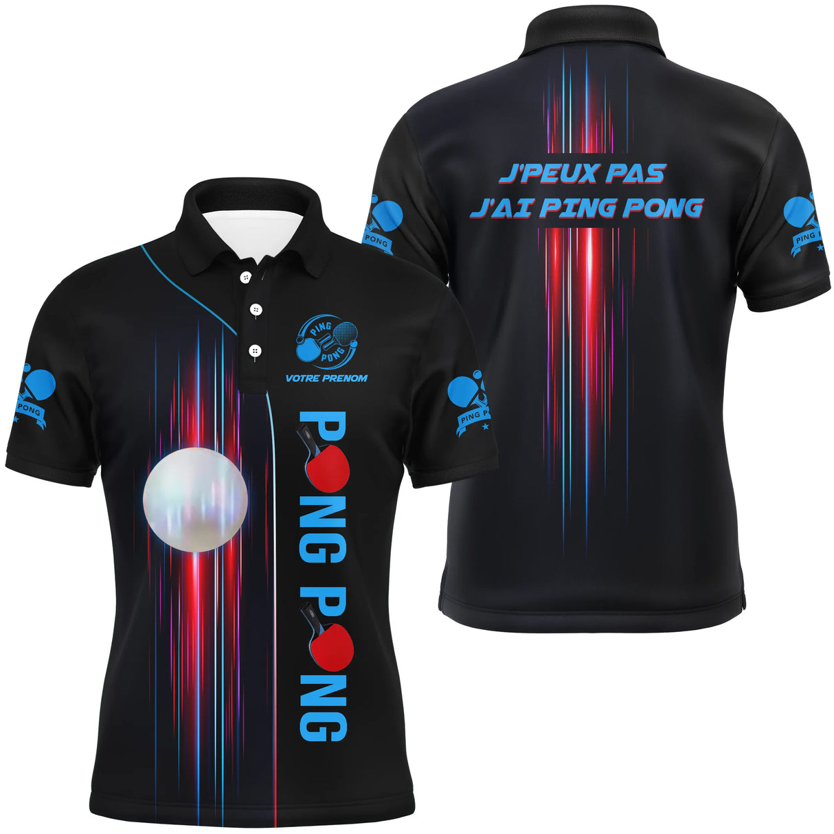 Polo tennis de table personnalisé homme noir avec rayons verticaux rouges et bleus, balle blanche centrale