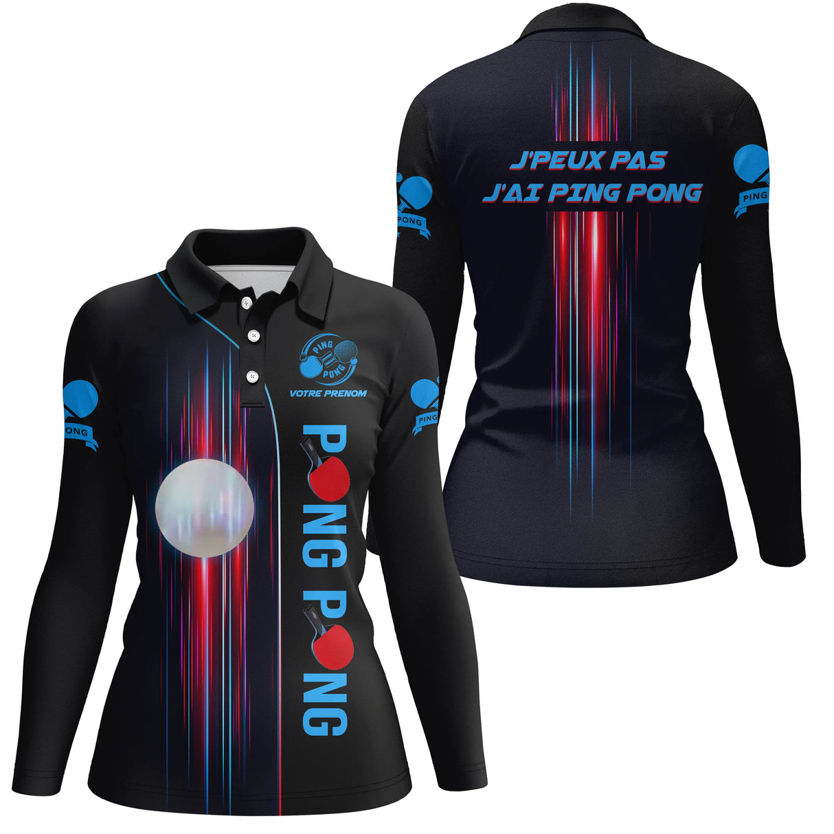 T-shirt tennis de table femme col rond noir avec rayons dynamiques et balle blanche centrale