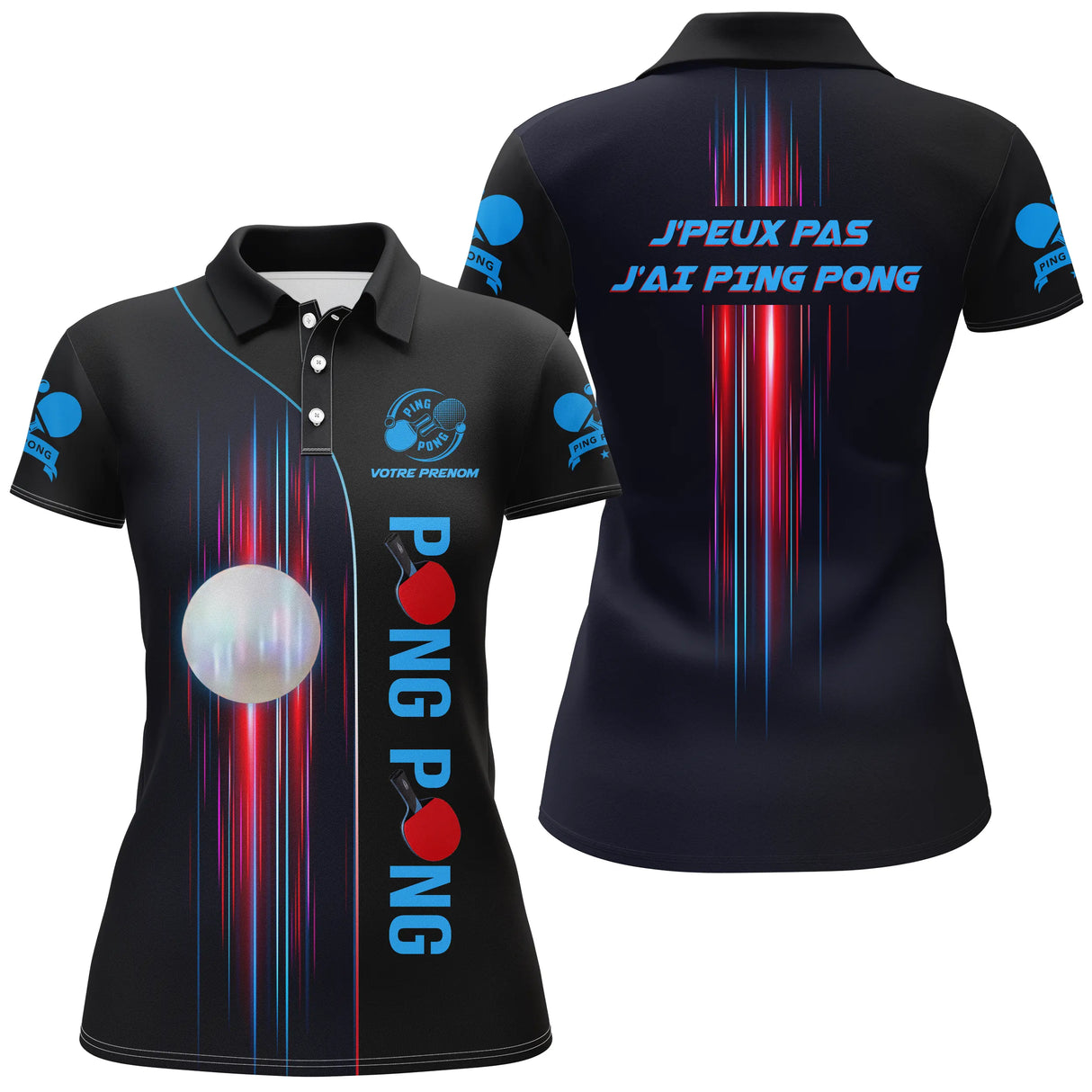 Polo tennis de table personnalisé femme noir en coupe ajustée avec rayons rouges et bleus dynamiques