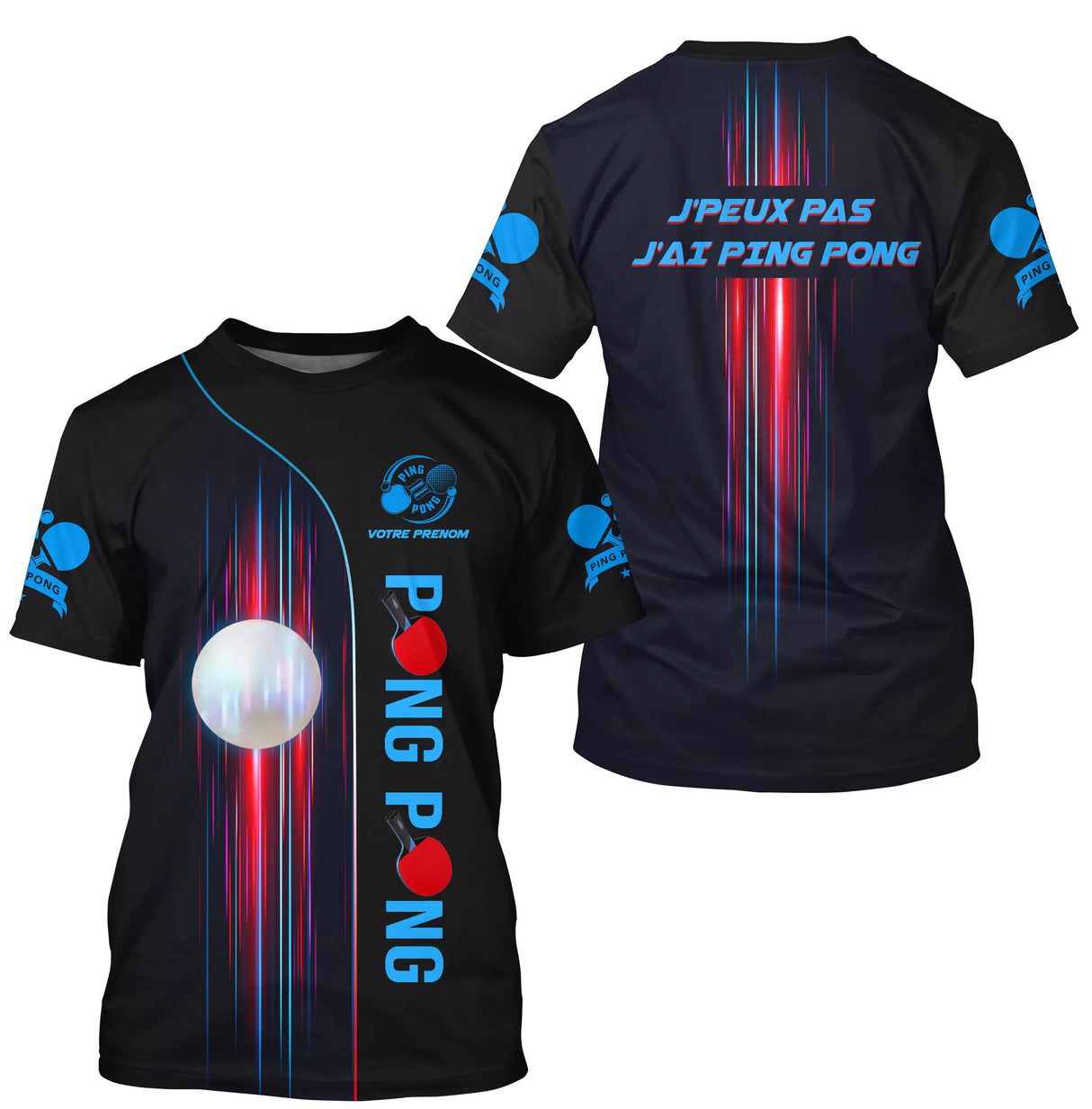 Polo tennis de table manches longues homme noir avec rayons rouges bleus et logo pongiste circulaire