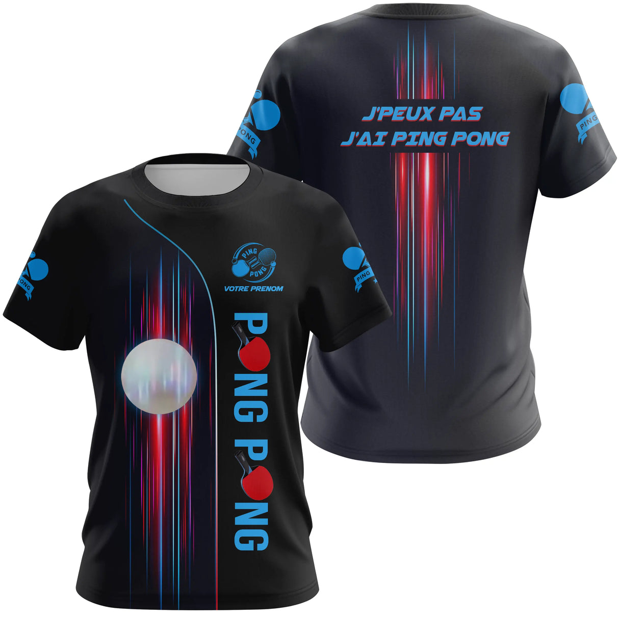 Polo tennis de table manches longues femme noir avec rayons verticaux et marquage prénom