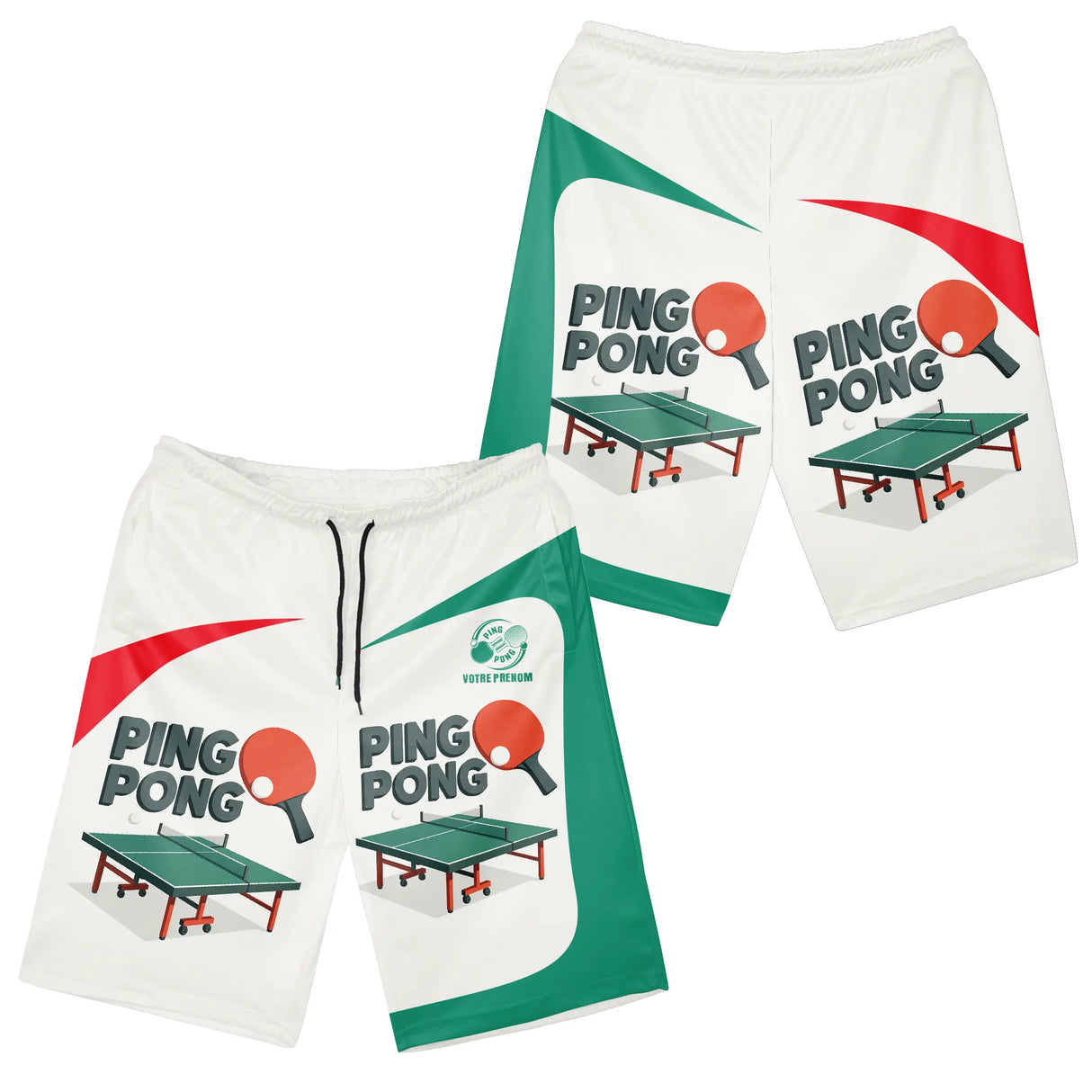Short all-over ping pong vert et blanc avec impression table de tennis et raquette rouge