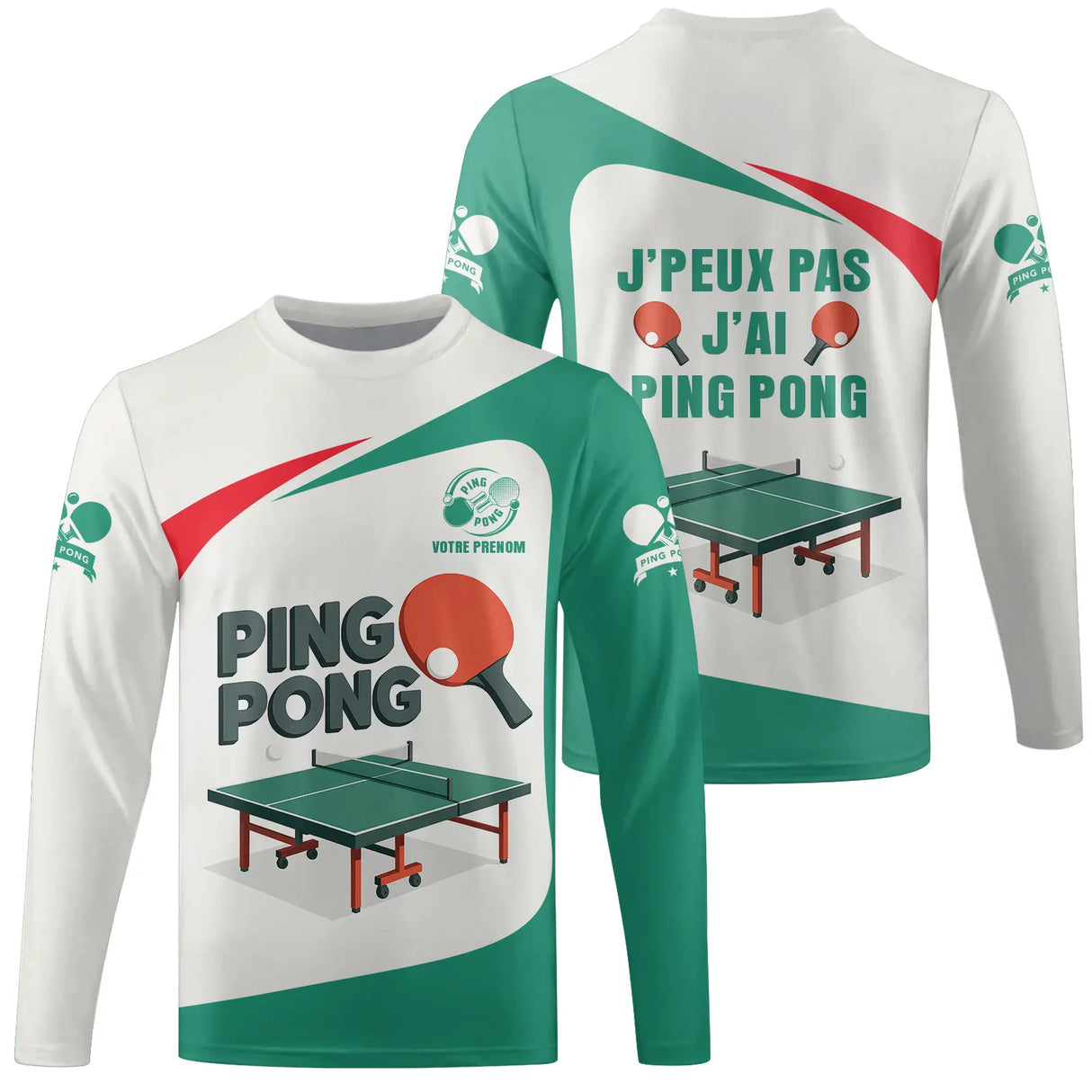 Polo ping pong manches longues homme vert et blanc avec table tennis de table et logo pongiste