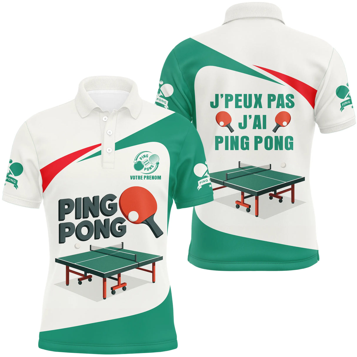 Polo ping pong manches longues femme vert et blanc avec raquette rouge et marquage prénom